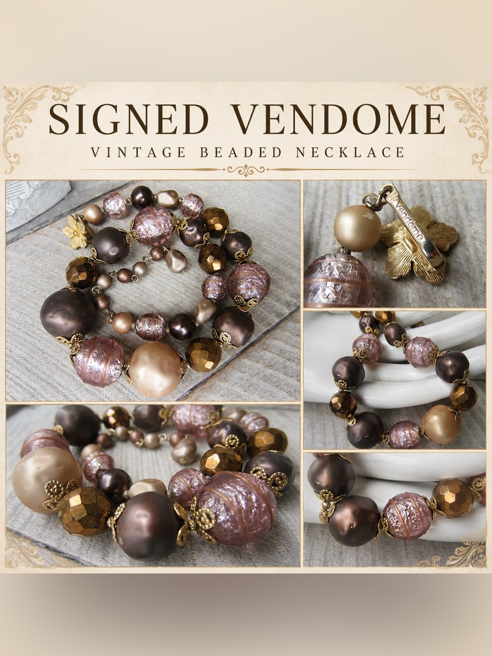 Vintage Signed Vendome  Pink and Brown Beaded Necklace